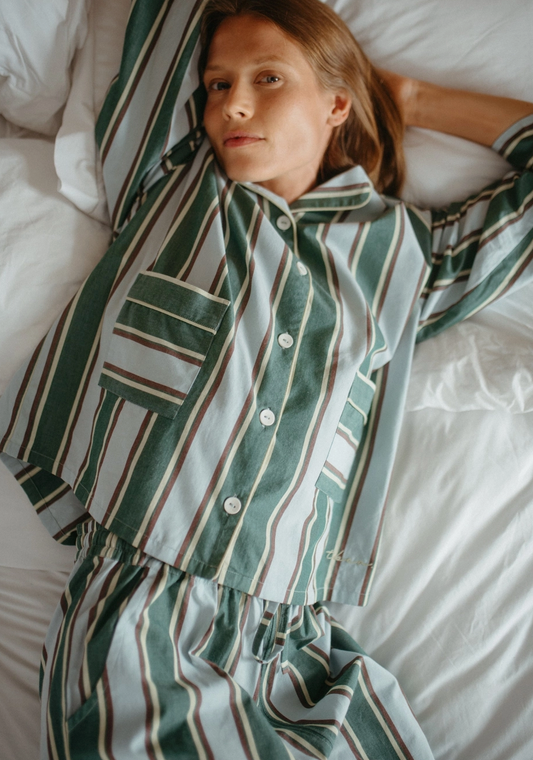 Cotton Pyjamas - Blå & Grønn Stripe