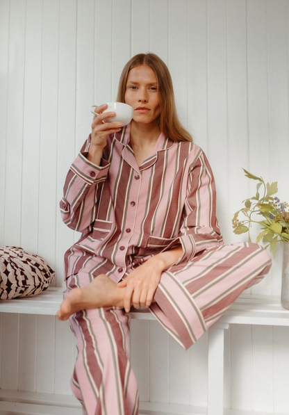 Cotton Pyjamas - Rosa & Burgunder Stripe